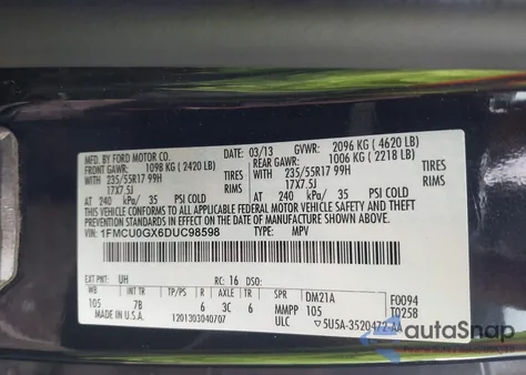 2013 Ford Escape Se z USA, uszkodzony, nr VIN 1FMCU0GX6DUC98598